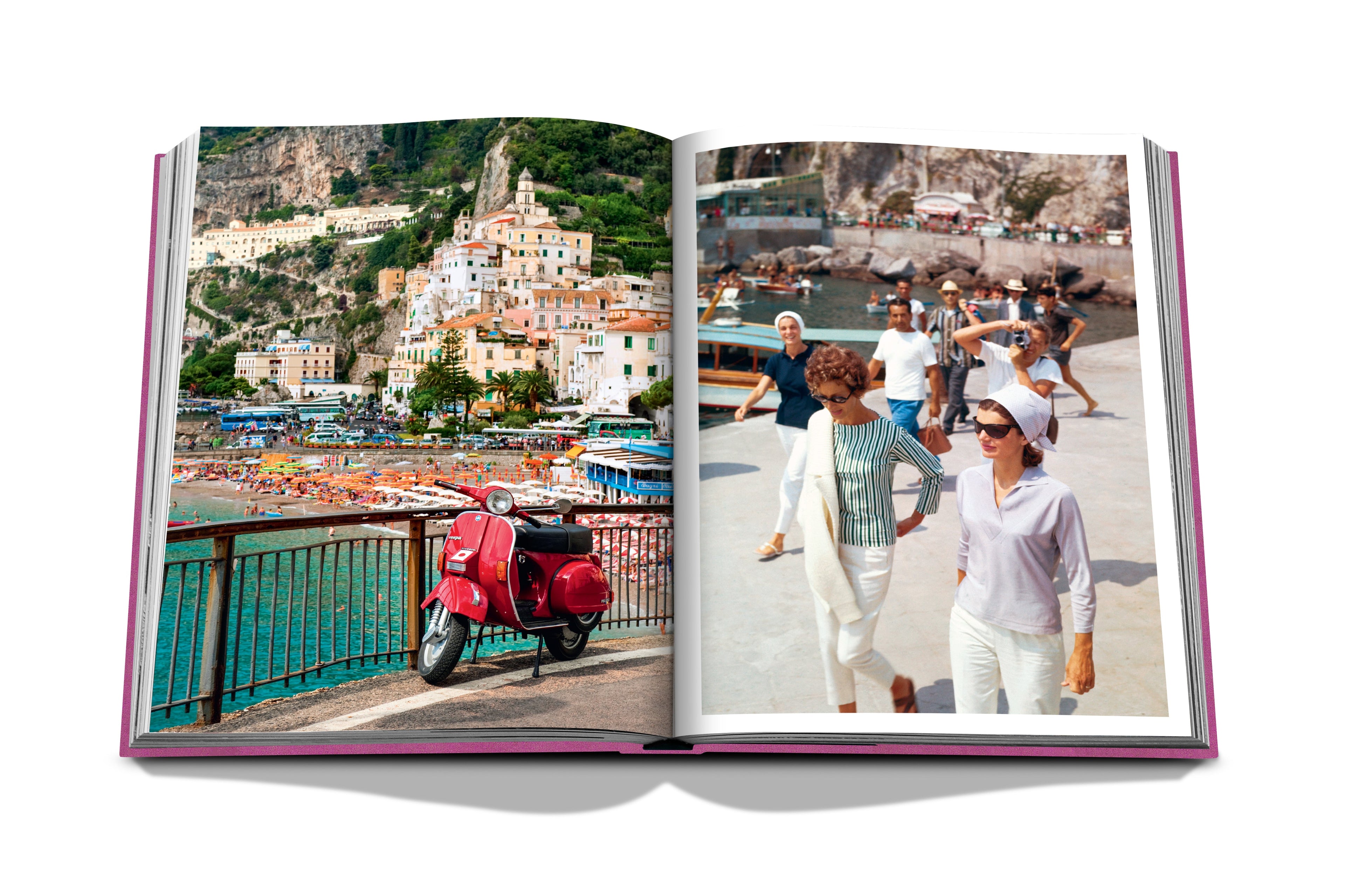 In an open Amalfi Coast book by Assouline, the left page showcases a coastal town along the breathtaking côte Amalfitaine with vibrant buildings, a beach, and a red scooter; the right page captures three women in summer outfits strolling outside against a scenic backdrop of water and rocky cliffs, ideal for panoramic hikes.